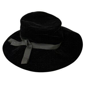 Evelyn Varon Vintage Black Velvet Hat Wide Brim Ribbon Accent Floppy Chic Size M